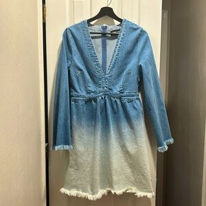 Two toned babydoll denim dress with fringe.